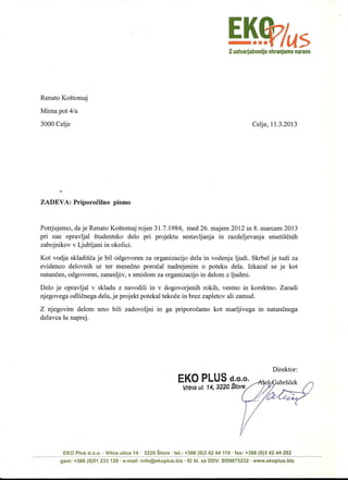 Priporočilno pismo EKO Plus d.o.o.