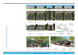 THE BLUE EDGE: RECONNECTING THE FORGOTTEN RIVER MACHAKOS TOWN, KENYA Page 41 of 51THE BLUE EDGE: RECONNECTING THE FORGOTTEN RIVER MACHAKOS TOWN, KENYA Page 41 of 51
D O U B L E H O U S E U N I T D O U B L E H O U S E U N I TB U F F E R L I N E A R
P A R K
D R I V E
W A Y
4 0 0 03 5 0 0 4 0 0 0 9 0 0 09 0 0 0 1 2 0 0
1500
1500
1000
P A T HD R I V E
W A Y
RAIN
GARDEN
RAIN
GARDEN
RAIN
GARDEN
DRAIN
D O U B L E H O U S E U N I T
SECTIONPARTPLANBIRD’SEYEVIEW
STREETSCAPESECTION-PERSPECTIVE
LINEARPARKPERSPECTIVE
D O U B L E H O U S E U N I T
Ramp to aid cyclists and
wheel chairs
Street lighting. Solar pow-
ered. Enhances securi-
ty, safety and extended
hours of use
Rain garden. Enhances storm
water management.
Residential Units. Increased plot ratio with reduced plot coverage
eases ground congestion. Gives room to more green spaces
Residential Units.
Spaced and buffered to enhance privacy and family space
Linear park.
Enhances pedestrian circulation to the riverfront
Sub surface drainage.
Safer than open drains.
Lesser chances of clog-
ging
Pebble back ﬁll. Filters
water before draining into
the sub surface drain.
One-way driveway.
Controls overtaking
and vehicle speed
hence safer streets.
Roadside planting. En-
hances aesthetics, dust
and soil erosion control
Median drain. Allows for sep-
arated drainage for drive-
ways and other spaces.
Street benches. Attracts
users and provides resting
areas.
Porous street paving
to manage storm wa-
ter
Street ﬁnish to pattern to
enhance aesthetics
Shade trees with seasonal ﬂowering
to enhance user comfort
ORIENTATION.
Faces East to maximise
river valley views, tap
wind breeze for natural
cooling and ventilation
RESIDENTIAL UNIT ELEVATION
6.2Streetscapecharacter
 