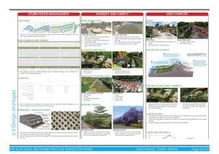 THE BLUE EDGE: RECONNECTING THE FORGOTTEN RIVER MACHAKOS TOWN, KENYA Page 42 of 51
STORM WATER MANAGEMENT DIVERSITY AND VARIETY USER COMFORT
DAM LAKES RIVER WATER LEVELS SHADE
DAM MICRO-CLIMATE
LAKE BREEZE AND WIND CHIMNEYS
GREEN PAVING
VIEWS AND AESTHETICS
ACTIVITIES AND SPACES
PLANTING DESIGN
RAIN GARDENS AND DRAINS
SOAK PITS
PERMEABLE/ PERVIOUS PAVING
DDDDDDDAMMMMMMMMMMMMMM LLLLLAAAAAAAAAKKKKKKKKESSSSSSSS
LOW TIDE LAKE LEVEL
COMMERCIAL WATERFRONT
• Restaurants
• Tuck shops
WATER/ WATERFRONT ACTIVITIES
• Boat riding
• Fishing
• Flood plain agriculture
• Dirt biking
DECIDUOUS TREES
• Trees such as Terminalia spinosa shed
leaves during the dry season exposing
its structural branches framework.
SEASONAL BLOOM
• Trees such as Jacaranda mimosifolia
bloom during the dry season enhanc-
ing the spaces appearance.
RECREATION
• Children playgrounds
• Meadows grand lawns
PUBLIC SPACES
• Plazas
• Promenade
• River walks
• Nature trails
HIGH TIDE LAKE LEVEL
• Water level falls due to evaporation,
seepage and irrigation
• Flood plain used for dirt biking and
quad bike riding.
• Flood plain on farmland is used to
grow short season crops.
• Dams act as a reservoir for ﬂash ﬂood water which is then used for irrigation and en-
hancing waterfront related activities
• Rain gardens enhance street drainage, ground water recharge, storm-water puriﬁ-
cation and roadside greenery.
• Soak pits enhance drainage in hardscapes on site, ground water recharge and sur-
face cooling through evaporation in dry seasons.
• Permeable paving enhance water seepage into the ground hence ground water
recharge and better channel-less drainage.
• Green paving allows for growth of green cover enhancing biodiversity and cooler
paving.
• Permeable paving enhance water seepage into the ground hence ground water
recharge and better channel-less drainage.
• Green paving allows for growth of green cover enhancing biodiversity and cooler
paving.
• Green paving provides better semi-softscape aesthetics.
• Site structures such as the restaurants are
designed to face the windward direction
hence trapping maximum wind breeze
for natural cooling.
• Spaces and planting are oriented
along the breeze. This maximises
wind ﬂow for natural cooling and
ventilation.
• Water level increases on rain onset.
• Higher water level encourages boating
activities
• Dry crops season crops an ﬂood plain
are harvested before rains begin
SHADE SAILS
• Inverted/ funnel shaped to harvest rain
water.
• Fixed seats and solid benches
SHADE STRUCTURES
• Provide partial shade
• Aesthetic design
6.3Designstrategies
 