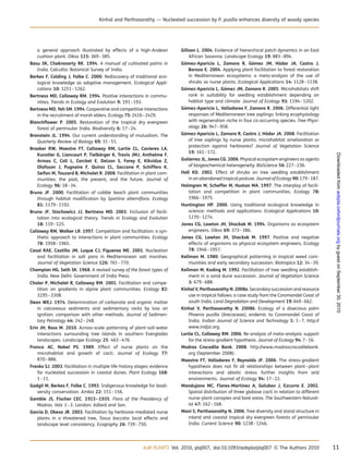 a general approach illustrated by effects of a high-Andean
cushion plant. Oikos 115: 369–385.
Basu SK, Chakravarty RK. 1994. A manual of cultivated palms in
India. Calcutta: Botanical Survey of India.
Berkes F, Colding J, Folke C. 2000. Rediscovery of traditional eco-
logical knowledge as adaptive management. Ecological Appli-
cations 10: 1251–1262.
Bertness MD, Callaway RM. 1994. Positive interactions in commu-
nities. Trends in Ecology and Evolution 9: 191–193.
Bertness MD, Yeh SM. 1994. Cooperative and competitive interactions
in the recruitment of marsh elders. Ecology 75: 2416–2429.
Blanchﬂower P. 2005. Restoration of the tropical dry evergreen
forest of peninsular India. Biodiversity 6: 17–24.
Bronstein JL. 1994. Our current understanding of mutualism. The
Quarterly Review of Biology 69: 31–51.
Brooker RW, Maestre FT, Callaway RM, Lortie CL, Cavieres LA,
Kunstler G, Liancourt P, Tielbo¨rger K, Travis JMJ, Anthelme F,
Armas C, Coll L, Corcket E, Delzon S, Forey E, Kikvidze Z,
Olofsson J, Pugnaire F, Quiroz CL, Saccone P, Schiffers K,
Seifan M, Touzard B, Michalet R. 2008. Facilitation in plant com-
munities: the past, the present, and the future. Journal of
Ecology 96: 18–34.
Bruno JF. 2000. Facilitation of cobble beach plant communities
through habitat modiﬁcation by Spartina alterniﬂora. Ecology
81: 1179–1192.
Bruno JF, Stachowicz JJ, Bertness MD. 2003. Inclusion of facili-
tation into ecological theory. Trends in Ecology and Evolution
18: 119–125.
Callaway RM, Walker LR. 1997. Competition and facilitation: a syn-
thetic approach to interactions in plant communities. Ecology
78: 1958–1965.
Casal RAE, Castillo JM, Luque CJ, Figueroa ME. 2001. Nucleation
and facilitation in salt pans in Mediterranean salt marshes.
Journal of Vegetation Science 126: 761–770.
Champion HG, Seth SK. 1968. A revised survey of the forest types of
India. New Delhi: Government of India Press.
Choler P, Michalet R, Callaway RM. 2001. Facilitation and compe-
tition on gradients in alpine plant communities. Ecology 82:
3295–3308.
Dean WEJ. 1974. Determination of carbonate and organic matter
in calcareous sediments and sedimentary rocks by loss on
ignition: comparison with other methods. Journal of Sedimen-
tary Petrology 44: 242–248.
Erin JH, Ross M. 2010. Across-scale patterning of plant-soil-water
interactions surrounding tree islands in southern Everglades
landscapes. Landscape Ecology 25: 463–476.
Franco AC, Nobel PS. 1989. Effect of nurse plants on the
microhabitat and growth of cacti. Journal of Ecology 77:
870–886.
Franks SJ. 2003. Facilitation in multiple life-history stages: evidence
for nucleated succession in coastal dunes. Plant Ecology 168:
1–11.
Gadgil M, Berkes F, Folke C. 1993. Indigenous knowledge for biodi-
versity conservation. Ambio 22: 151–156.
Gamble JS, Fischer CEC. 1915–1935. Flora of the Presidency of
Madras. Vols 1–3. London: Adlard and Son.
Garcia D, Obeso JR. 2003. Facilitation by herbivore-mediated nurse
plants in a threatened tree, Taxus baccata: local effects and
landscape level consistency. Ecography 26: 739–750.
Gillson L. 2004. Evidence of hierarchical patch dynamics in an East
African Savanna. Landscape Ecology 19: 883–894.
Go´mez-Aparicio L, Zamora R, Go´mez JM, Ho´dar JA, Castro J,
Baraza E. 2004. Applying plant facilitation to forest restoration
in Mediterranean ecosystems: a meta-analysis of the use of
shrubs as nurse plants. Ecological Applications 14: 1128–1138.
Go´mez-Aparicio L, Go´mez JM, Zamora R. 2005. Microhabitats shift
rank in suitability for seedling establishment depending on
habitat type and climate. Journal of Ecology 93: 1194–1202.
Go´mez-Aparicio L, Valladares F, Zamora R. 2006. Differential light
responses of Mediterranean tree saplings: linking ecophysiology
with regeneration niche in four co-occurring species. Tree Physi-
ology 26: 947–958.
Go´mez-Aparicio L, Zamora R, Castro J, Ho´dar JA. 2008. Facilitation
of tree saplings by nurse plants: microhabitat amelioration or
protection against herbivores? Journal of Vegetation Science
19: 161–172.
Gutierrez JL, Jones CG. 2006. Physical ecosystem engineers as agents
of biogeochemical heterogeneity. BioScience 56: 227–236.
Holl KD. 2002. Effect of shrubs on tree seedling establishment
in an abandoned tropical pasture. Journal of Ecology 90: 179–187.
Holmgren M, Scheffer M, Huston MA. 1997. The interplay of facili-
tation and competition in plant communities. Ecology 78:
1966–1975.
Huntington HP. 2000. Using traditional ecological knowledge in
science: methods and applications. Ecological Applications 10:
1270–1274.
Jones CG, Lawton JH, Shackak M. 1994. Organisms as ecosystem
engineers. Oikos 69: 373–386.
Jones CG, Lawton JH, Shackak M. 1997. Positive and negative
effects of organisms as physical ecosystem engineers. Ecology
78: 1946–1957.
Kellman M. 1980. Geographical patterning in tropical weed com-
munities and early secondary succession. Biotropica 12: 34–39.
Kellman M, Kading M. 1992. Facilitation of tree seedling establish-
ment in a sand dune succession. Journal of Vegetation Science
3: 679–688.
Kinhal V, Parthasarathy N. 2008a. Secondarysuccession and resource
use in tropical fallows: a case study from the Coromandel Coast of
south India. Land Degradation and Development 19: 649–662.
Kinhal V, Parthasarathy N. 2008b. Ecology of a dioecious palm
Phoenix pusilla (Arecaceae), endemic to Coromandel Coast of
India. Indian Journal of Science and Technology 1: 1–7. http://
www.indjst.org.
Lortie CL, Callaway RM. 2006. Re-analysis of meta-analysis: support
for the stress-gradient hypothesis. Journal of Ecology 94: 7–16.
Madras Crocodile Bank. 2008. http://www.madrascrocodilebank.
org (September 2008).
Maestre FT, Valladares F, Reynolds JF. 2006. The stress-gradient
hypothesis does not ﬁt all relationships between plant–plant
interactions and abiotic stress: further insights from arid
environments. Journal of Ecology 94: 17–22.
Mandujano MC, Flores-Martı´nez A, Golubov J, Ezcurra E. 2002.
Spatial distribution of three globose cacti in relation to different
nurse-plant canopies and bare areas. The Southwestern Natural-
ist 47: 162–168.
Mani S, Parthasarathy N. 2006. Tree diversity and stand structure in
inland and coastal tropical dry evergreen forests of peninsular
India. Current Science 90: 1238–1246.
AoB PLANTS Vol. 2010, plq007, doi:10.1093/aobpla/plq007 & The Authors 2010 11
Kinhal and Parthasarathy — Nucleated succession by P. pusilla enhances diversity of woody species
byguestonSeptember30,2010aobpla.oxfordjournals.orgDownloadedfrom
 