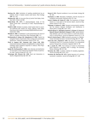 Martı´nez ML. 2003. Facilitation of seedling establishment by an
endemic shrub in tropical coastal sand dunes. Plant Ecology
168: 333–345.
Matthew KM. 1991. An excursion ﬂora of central Tamil Nadu, India.
New Delhi: Oxford and IBH.
Meher-Homji VM. 1973. A phytosociological study of the
Albizia amara Boiv. community of India. Phytocoenologia 1:
114–129.
Methil R. 2008. Antidote to poverty: snake hunters learn to recon-
cile livelihood with respect for nature. Offtrack: India Today.
http://www.india-today.com/itoday/20000918/offtrack.shtml.
(September 2008).
Michalet R. 2006. Is facilitation in arid environments the result of
direct or complex interactions? New Phytologist 169: 3–6.
Parthasarathy N, Selwyn MA, Udayakumar M. 2008. Tropical dry
evergreen forests of peninsular India: ecology and conservation
signiﬁcance. Tropical Conservation Science 1: 89–110.
Pierik R, Cuppens MLC, Voesenek LACJ, Visser EJW. 2004.
Interactions between ethylene and gibberellins in phytochrome-
mediated shade avoidance responses in tobacco. Plant Physi-
ology 136: 2928–2936.
Reddy MS, Parthasarathy N. 2006. Liana diversity and distribution
on host plants in four tropical dry evergreen forests of peninsu-
lar India. Tropical Ecology 47: 103–116.
Schlesinger WH, Pilmanis AM. 1998. Plant–soil interactions in
deserts. Biogeochemistry 42: 169–187.
Shreve R. 1931. Physical conditions in sun and shade. Ecology 12:
96–104.
Stachowicz JJ. 2001. Mutualism, facilitation, and the structure of
ecological communities. BioScience 51: 235–246.
Suza´n H, Nabhan GP, Patten DT. 1996. The importance of Olneya
tesota as a nurse plant in the Sonoran desert. Journal of Veg-
etation Science 7: 635–644.
Tielborger K, Kadmon R. 2000. Temporal environmental variation
tips the balance between facilitation and interference in
desert plants. Ecology 81: 1544–1553.
Valiente-Banuet A, Bolongaro-Crevenna A, Briones O, Ezcurra E,
Rosas M, Nunez H, Barnard G, Vazquez E. 1991. Spatial relation-
ships between cacti and nurse shrubs in a semi-arid environ-
ment in central Mexico. Journal of Vegetation Science 2: 15–20.
Verdu M, Garcia-Fayos P. 1996. Nucleation processes in a Mediter-
ranean bird-dispersed plant. Functional Ecology 10: 275–280.
Vieira ICG, Uhl C, Nepstad D. 1994. The role of the shrub Cordia
multispicata Cham. as a ‘succession facilitator’ in an abandoned
pasture, Paragominas, Amazonia. Vegetatio 115: 91–99.
Wu J, Loucks OL. 1995. From balance of nature to hierarchical
patch dynamics: a paradigm shift in ecology. The Quarterly
Review of Biology 70: 439–466.
Yarranton GA. 1966. A plotless method of sampling vegetation.
Journal of Ecology 54: 2229–2237.
Yarranton GA, Morrison RG. 1974. Spatial dynamics of a primary
succession: nucleation. Journal of Ecology 62: 417–428.
12 AoB PLANTS Vol. 2010, plq007, doi:10.1093/aobpla/plq007 & The Authors 2010
Kinhal and Parthasarathy — Nucleated succession by P. pusilla enhances diversity of woody species
byguestonSeptember30,2010aobpla.oxfordjournals.orgDownloadedfrom
 