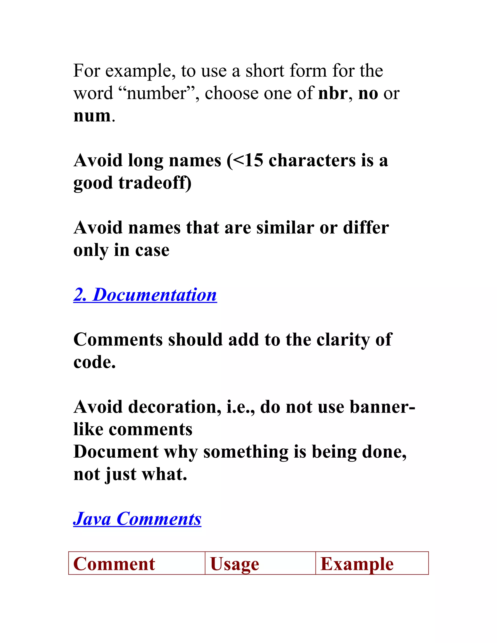 For example, to use a short form for the
word “number”, choose one of nbr, no or
num.

Avoid long names (<15 characters is a
good tradeoff)

Avoid names that are similar or differ
only in case

2. Documentation

Comments should add to the clarity of
code.

Avoid decoration, i.e., do not use banner-
like comments
Document why something is being done,
not just what.

Java Comments

Comment         Usage         Example
 