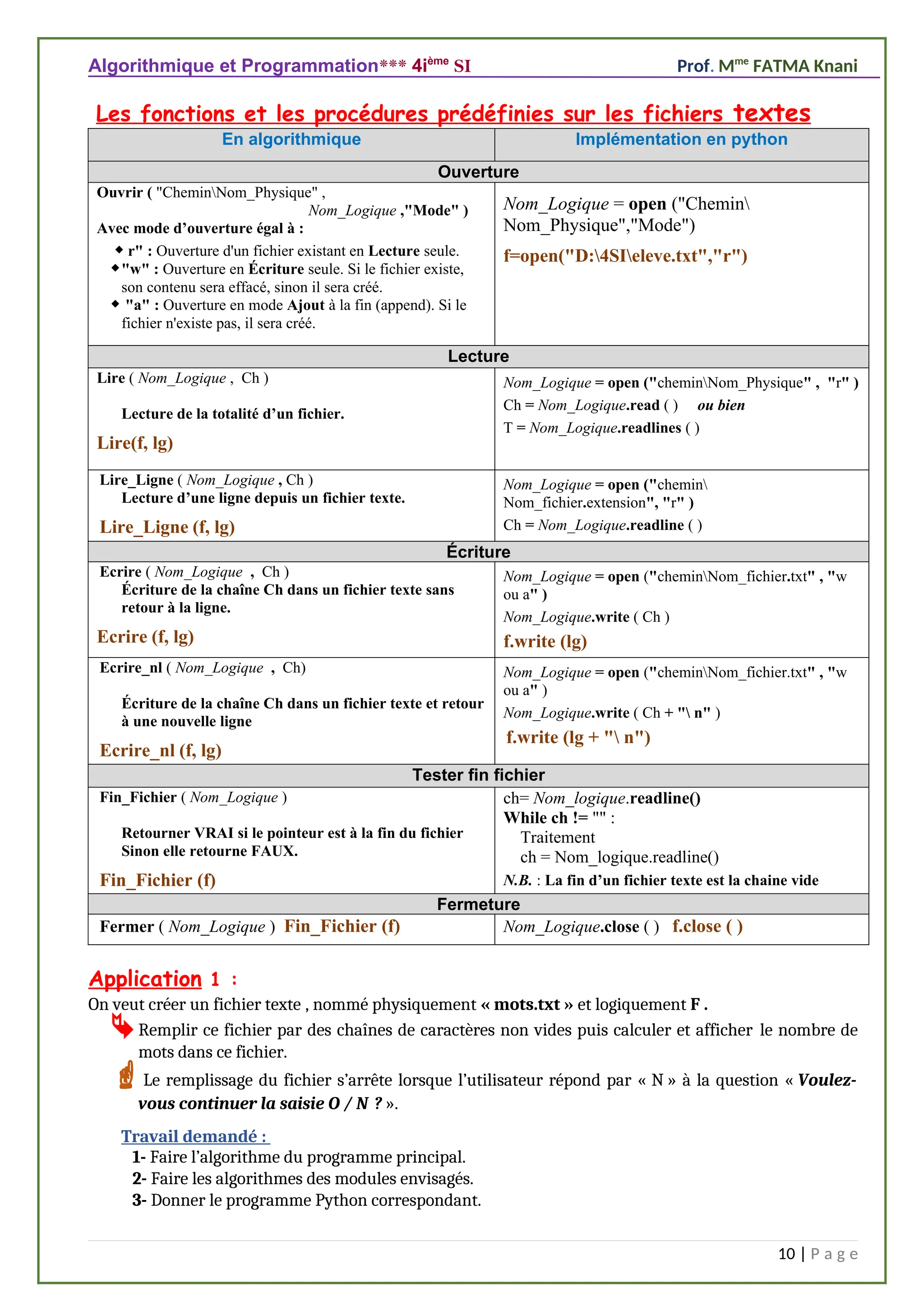 Algorithmique et Programmation*** 4ième
SI Prof. Mme
FATMA Knani
Les fonctions et les procédures prédéfinies sur les fichiers textes
En algorithmique Implémentation en python
Ouverture
Ouvrir ( "CheminNom_Physique" ,
Nom_Logique ,"Mode" )
Avec mode d’ouverture égal à :
 r" : Ouverture d'un fichier existant en Lecture seule.
"w" : Ouverture en Écriture seule. Si le fichier existe,
son contenu sera effacé, sinon il sera créé.
 "a" : Ouverture en mode Ajout à la fin (append). Si le
fichier n'existe pas, il sera créé.
Nom_Logique = open ("Chemin
Nom_Physique","Mode")
f=open("D:4SIeleve.txt","r")
Lecture
Lire ( Nom_Logique , Ch )
Lecture de la totalité d’un fichier.
Lire(f, lg)
Nom_Logique = open ("cheminNom_Physique" , "r" )
Ch = Nom_Logique.read ( ) ou bien
T = Nom_Logique.readlines ( )
Lire_Ligne ( Nom_Logique , Ch )
Lecture d’une ligne depuis un fichier texte.
Lire_Ligne (f, lg)
Nom_Logique = open ("chemin
Nom_fichier.extension", "r" )
Ch = Nom_Logique.readline ( )
Écriture
Ecrire ( Nom_Logique , Ch )
Écriture de la chaîne Ch dans un fichier texte sans
retour à la ligne.
Ecrire (f, lg)
Nom_Logique = open ("cheminNom_fichier.txt" , "w
ou a" )
Nom_Logique.write ( Ch )
f.write (lg)
Ecrire_nl ( Nom_Logique , Ch)
Écriture de la chaîne Ch dans un fichier texte et retour
à une nouvelle ligne
Ecrire_nl (f, lg)
Nom_Logique = open ("cheminNom_fichier.txt" , "w
ou a" )
Nom_Logique.write ( Ch + " n" )
f.write (lg + " n")
Tester fin fichier
Fin_Fichier ( Nom_Logique )
Retourner VRAI si le pointeur est à la fin du fichier
Sinon elle retourne FAUX.
Fin_Fichier (f)
ch= Nom_logique.readline()
While ch != "" :
Traitement
ch = Nom_logique.readline()
N.B. : La fin d’un fichier texte est la chaine vide
Fermeture
Fermer ( Nom_Logique ) Fin_Fichier (f) Nom_Logique.close ( ) f.close ( )
Application 1 :
On veut créer un fichier texte , nommé physiquement « mots.txt » et logiquement F .
Remplir ce fichier par des chaînes de caractères non vides puis calculer et afficher le nombre de
mots dans ce fichier.
Le remplissage du fichier s’arrête lorsque l’utilisateur répond par « N » à la question « Voulez-
vous continuer la saisie O / N ? ».
Travail demandé :
1- Faire l’algorithme du programme principal.
2- Faire les algorithmes des modules envisagés.
3- Donner le programme Python correspondant.
10 | P a g e
 
