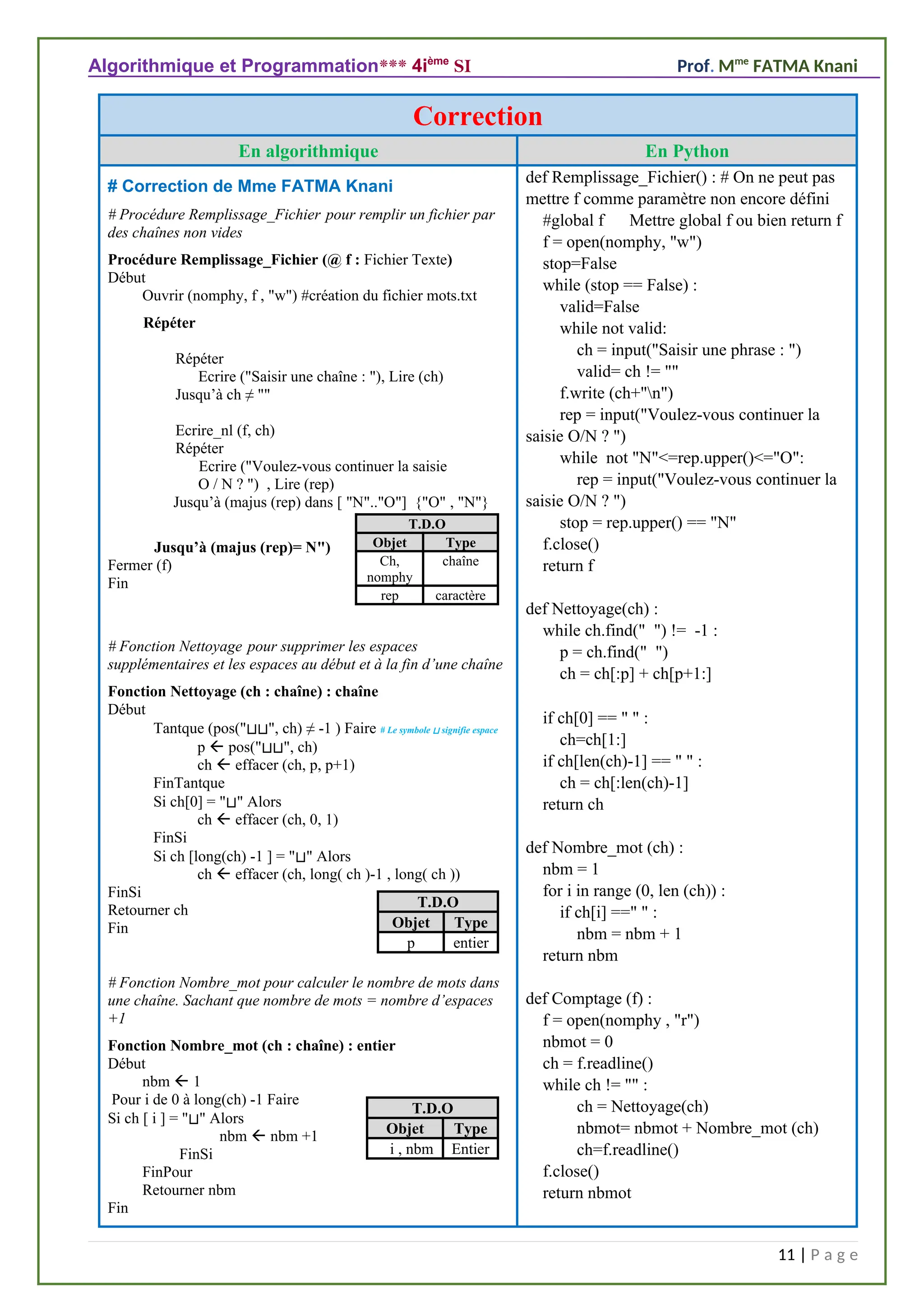 Algorithmique et Programmation*** 4ième
SI Prof. Mme
FATMA Knani
Correction
En algorithmique En Python
# Correction de Mme FATMA Knani
# Procédure Remplissage_Fichier pour remplir un fichier par
des chaînes non vides
Procédure Remplissage_Fichier (@ f : Fichier Texte)
Début
Ouvrir (nomphy, f , "w") #création du fichier mots.txt
Répéter
Répéter
Ecrire ("Saisir une chaîne : "), Lire (ch)
Jusqu’à ch ≠ ""
Ecrire_nl (f, ch)
Répéter
Ecrire ("Voulez-vous continuer la saisie
O / N ? ") , Lire (rep)
Jusqu’à (majus (rep) dans [ "N".."O"] {"O" , "N"}
Jusqu’à (majus (rep)= N")
Fermer (f)
Fin
# Fonction Nettoyage pour supprimer les espaces
supplémentaires et les espaces au début et à la fin d’une chaîne
Fonction Nettoyage (ch : chaîne) : chaîne
Début
Tantque (pos("⊔⊔", ch) ≠ -1 ) Faire # Le symbole ⊔ signifie espace
p  pos("⊔⊔", ch)
ch  effacer (ch, p, p+1)
FinTantque
Si ch[0] = "⊔" Alors
ch  effacer (ch, 0, 1)
FinSi
Si ch [long(ch) -1 ] = "⊔" Alors
ch  effacer (ch, long( ch )-1 , long( ch ))
FinSi
Retourner ch
Fin
# Fonction Nombre_mot pour calculer le nombre de mots dans
une chaîne. Sachant que nombre de mots = nombre d’espaces
+1
Fonction Nombre_mot (ch : chaîne) : entier
Début
nbm  1
Pour i de 0 à long(ch) -1 Faire
Si ch [ i ] = "⊔" Alors
nbm  nbm +1
FinSi
FinPour
Retourner nbm
Fin
def Remplissage_Fichier() : # On ne peut pas
mettre f comme paramètre non encore défini
#global f Mettre global f ou bien return f
f = open(nomphy, "w")
stop=False
while (stop == False) :
valid=False
while not valid:
ch = input("Saisir une phrase : ")
valid= ch != ""
f.write (ch+"n")
rep = input("Voulez-vous continuer la
saisie O/N ? ")
while not "N"<=rep.upper()<="O":
rep = input("Voulez-vous continuer la
saisie O/N ? ")
stop = rep.upper() == "N"
f.close()
return f
def Nettoyage(ch) :
while ch.find(" ") != -1 :
p = ch.find(" ")
ch = ch[:p] + ch[p+1:]
if ch[0] == " " :
ch=ch[1:]
if ch[len(ch)-1] == " " :
ch = ch[:len(ch)-1]
return ch
def Nombre_mot (ch) :
nbm = 1
for i in range (0, len (ch)) :
if ch[i] ==" " :
nbm = nbm + 1
return nbm
def Comptage (f) :
f = open(nomphy , "r")
nbmot = 0
ch = f.readline()
while ch != "" :
ch = Nettoyage(ch)
nbmot= nbmot + Nombre_mot (ch)
ch=f.readline()
f.close()
return nbmot
11 | P a g e
T.D.O
Objet Type
Ch,
nomphy
chaîne
rep caractère
T.D.O
Objet Type
p entier
T.D.O
Objet Type
i , nbm Entier
 