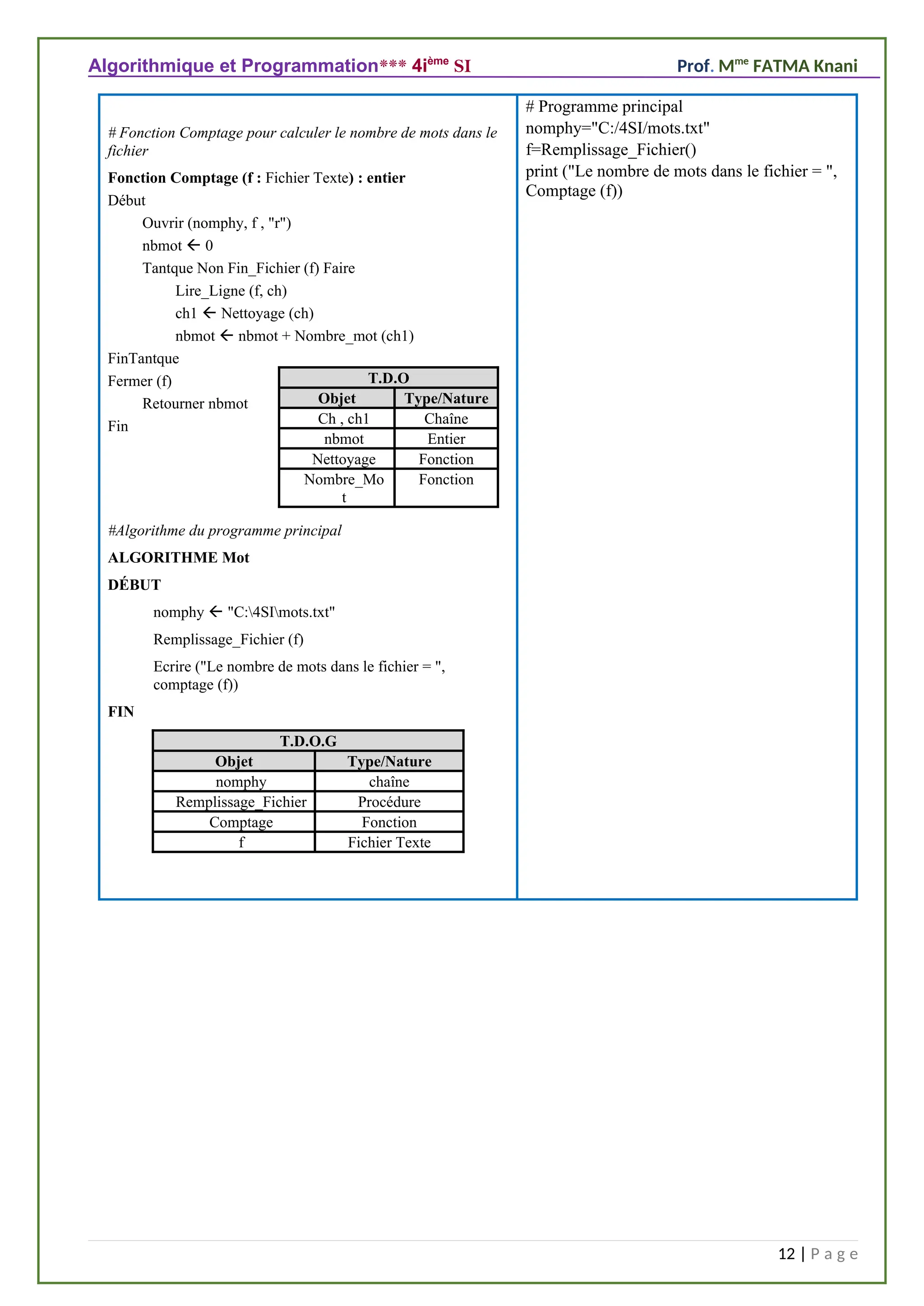 Algorithmique et Programmation*** 4ième
SI Prof. Mme
FATMA Knani
# Fonction Comptage pour calculer le nombre de mots dans le
fichier
Fonction Comptage (f : Fichier Texte) : entier
Début
Ouvrir (nomphy, f , "r")
nbmot  0
Tantque Non Fin_Fichier (f) Faire
Lire_Ligne (f, ch)
ch1  Nettoyage (ch)
nbmot  nbmot + Nombre_mot (ch1)
FinTantque
Fermer (f)
Retourner nbmot
Fin
#Algorithme du programme principal
ALGORITHME Mot
DÉBUT
nomphy  "C:4SImots.txt"
Remplissage_Fichier (f)
Ecrire ("Le nombre de mots dans le fichier = ",
comptage (f))
FIN
T.D.O.G
Objet Type/Nature
nomphy chaîne
Remplissage_Fichier Procédure
Comptage Fonction
f Fichier Texte
# Programme principal
nomphy="C:/4SI/mots.txt"
f=Remplissage_Fichier()
print ("Le nombre de mots dans le fichier = ",
Comptage (f))
12 | P a g e
T.D.O
Objet Type/Nature
Ch , ch1 Chaîne
nbmot Entier
Nettoyage Fonction
Nombre_Mo
t
Fonction
 