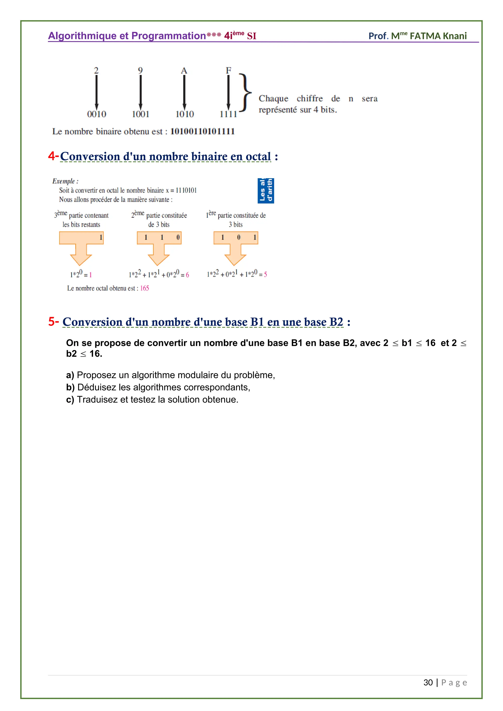 Algorithmique et Programmation*** 4ième
SI Prof. Mme
FATMA Knani
4-Conversion d'un nombre binaire en octal :
5- Conversion d'un nombre d'une base B1 en une base B2 :
On se propose de convertir un nombre d'une base B1 en base B2, avec 2  b1  16 et 2 
b2  16.
a) Proposez un algorithme modulaire du problème,
b) Déduisez les algorithmes correspondants,
c) Traduisez et testez la solution obtenue.
30 | P a g e
 