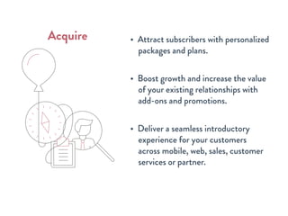 • Attract subscribers with personalized
packages and plans.
• Boost growth and increase the value
of your existing relationships with
add-ons and promotions.
• Deliver a seamless introductory
experience for your customers
across mobile, web, sales, customer
services or partner.
Acquire
 