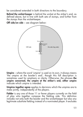 be considered extended in both directions to the boundary.
Behind the wicket-keeper is behind the wicket at the striker's end, as
defined above, but in line with both sets of stumps, and further from
the stumps than the wicket-keeper.
Off side/on side – see diagram below:




Umpire – where the word 'umpire' is used on its own, it always means
'the umpire at the bowler's end', though this full description is
sometimes used for emphasis or clarity. Otherwise, the phrases the
umpire concerned, the umpire at the striker's end, either umpire
indicate which umpire is intended.
Umpires together agree applies to decisions which the umpires are to
make jointly, independently of the players.
Fielder is any one of those 11 or fewer players currently on the field
of play who together compose the fielding side. This definition
includes not only both the bowler and the wicket-keeper but also any
legitimate substitute fielding instead of a nominated player. It excludes

                                                                     99
 