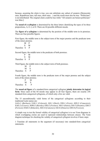 because, assuming the claim is true, you can substitute any subset of senators (Democratic
ones, Republican ones, tall ones, short ones…) and the result must also be true. “Politicians”
is not distributed: The original claim could be true while “All senators are honest politicians”
was false.]
The mood of a syllogism is determined by the three letters identifying the types of its three
propositions, A, E, I, or O. There are 64 possible different moods.
The figure of a syllogism is determined by the position of the middle term in its premises.
There are four possible figures.
First figure, the middle term is the subject term of the major premise and the predicate term
of the minor premise.
M P
S M
Therefore S P
Second figure, the middle term is the predicate of both premises.
P M
S M
Therefore S P
Third figure, the middle term is the subject term of both premises.
M P
M S
Therefore S P
Fourth figure, the middle term is the predicate term of the major premise and the subject
term of the minor premise.
P M
M S
Therefore S P
The mood ad figure of a standard-form categorical syllogism jointly determine its logical
form. Since each of the 64 moods may appear in all four figures, there are exactly 256
standard-form categorical syllogisms, of which only a few are valid.
The 15 unconditionally valid forms of the categorical syllogisms according to their
traditional Latin names are:
AAA-1 (Barbara); EAE-1 (Celarent); AII-1 (Darii); EIO-1 (Ferio); AEE-2 (Camestres);
EAE-2 (Cesare); AOO-2 (Baroko); EIO-2 (Festino); AII-3 (Datisi); IAI-3 (Disamis); EIO-3
(Ferison); OAO-3 (Bokardo); AEE-4 (Camenes); IAI-4 (Dimaris); EIO-4 (Fresison).
A simple way to test the formal validity of categorical syllogism is to use Venn diagrams in
which overlapping circles are used to represent relationships between classes. The Venn
diagram technique for checking the validity of categorical syllogism involves 6 basic steps:
1 Translate all statements in the argument (if necessary) into standard-form categorical
statements.
30
 