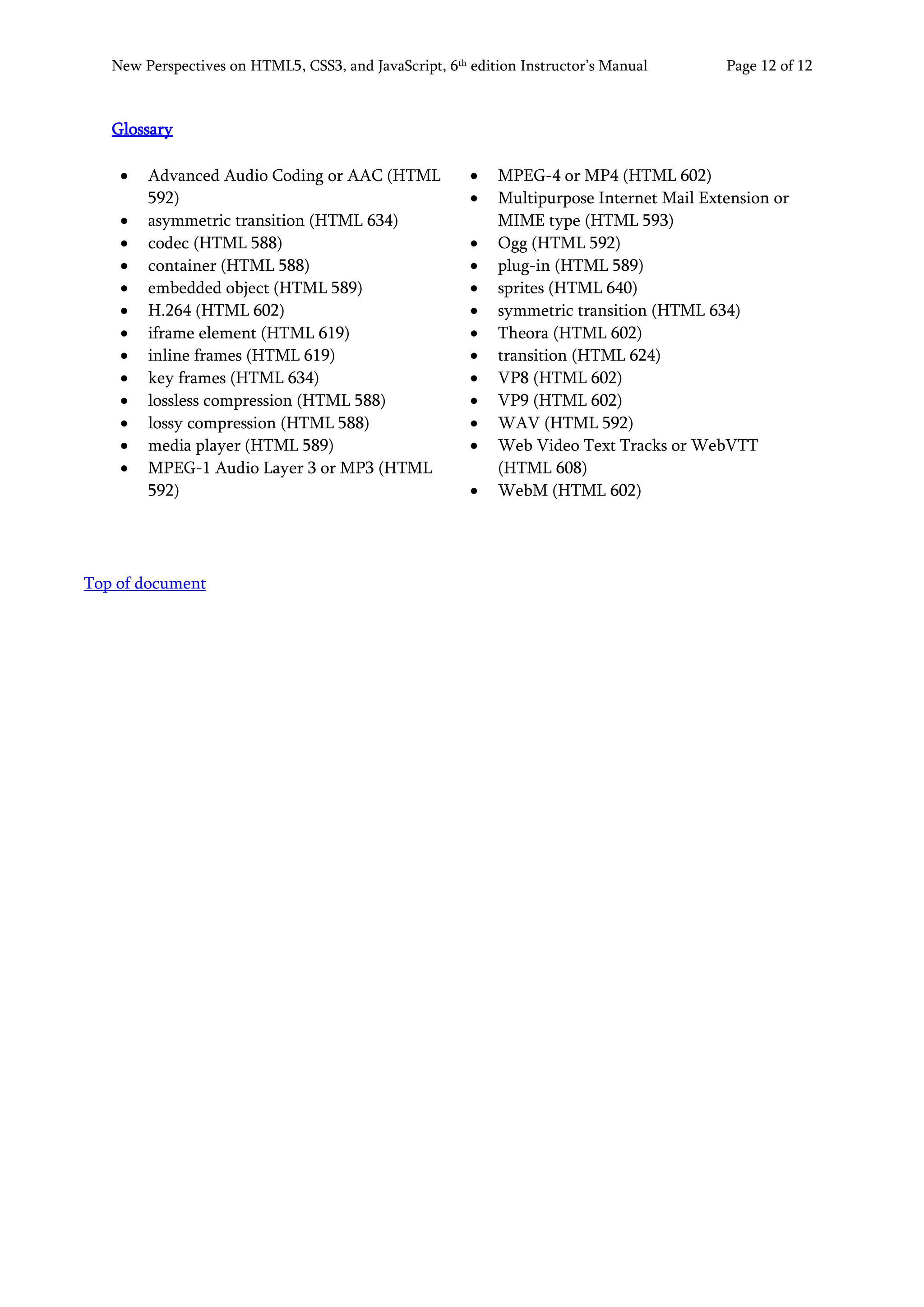 New Perspectives on HTML5, CSS3, and JavaScript, 6th
edition Instructor’s Manual Page 12 of 12
Glossary
• Advanced Audio Coding or AAC (HTML
592)
• asymmetric transition (HTML 634)
• codec (HTML 588)
• container (HTML 588)
• embedded object (HTML 589)
• H.264 (HTML 602)
• iframe element (HTML 619)
• inline frames (HTML 619)
• key frames (HTML 634)
• lossless compression (HTML 588)
• lossy compression (HTML 588)
• media player (HTML 589)
• MPEG-1 Audio Layer 3 or MP3 (HTML
592)
• MPEG-4 or MP4 (HTML 602)
• Multipurpose Internet Mail Extension or
MIME type (HTML 593)
• Ogg (HTML 592)
• plug-in (HTML 589)
• sprites (HTML 640)
• symmetric transition (HTML 634)
• Theora (HTML 602)
• transition (HTML 624)
• VP8 (HTML 602)
• VP9 (HTML 602)
• WAV (HTML 592)
• Web Video Text Tracks or WebVTT
(HTML 608)
• WebM (HTML 602)
Top of document
 