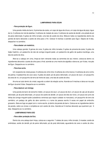 52




                                            LAMPARINAS PARA EGUN

       - Para proteção de Egun.

      Uma panela média de barro; 9 pimentas-da-costa; um copo de água de chuva; um copo de água de poço; água
de rio; 3 colheres de mel-de-abelhas; 3 colheres de melado de cana; 3 colheres de azeite de dendê; uma pitada de pó
de peixe defumado; 9 grãos de milho torrado; uma lata de azeite de oliva. Misturar todos os ingredientes dentro da
panela de barro deixando o azeite de oliva para o fim. Colocar 9 mechas e acender para Egun. Depois de 9 dias,
despachar no cemitério.

       - Para afastar um malefício.

      Uma cabaça grande; 9 gemas de ovos; 9 grãos de milho torrados; 9 grãos de pimenta-da-costa; 9 grãos de
feijão fradinho; um pedacinho de talo de comigo-ninguém-pode; um pedacinho de galho de quebra-mandinga; uma
lata de azeite de oliva.

      Abre-se a cabaça em cima, limpa-se bem retirando todas as sementes de seu interior; coloca-se dentro os
ingredientes deixando o azeite de oliva para o final; acende-se uma mecha de algodão e deixa-se, por 9 dias, nos pés
de Egun. Despacha-se no cemitério.

       - Para boa sorte.

      Um recipiente de cristal grosso; 9 colheres de vinho tinto; 9 colheres de vinho branco; 9 colheres de emú (vinho
de palma); 9 pedacinhos de coco seco; 9 grãos de ataré; pó de peixe defumado; um pouco de osun; um pouquinho
de areia de rio; um pouquinho de terra da frente de casa; uma lata de azeite de oliva.

      Arruma-se tudo dentro do cristal, segundo a ordem da relação acima. Acende-se 9 mechas e deixa-se nos pés
de Egun durante 9 dias. Despacha-se no cemitério.

       - Para destruir um inimigo

      Uma panela de barro de tamanho médio; um pouco de osun; um pouco de efun; um pouco de uáji; pó de peixe
defumado; pó de preá defumado; um pouco de azeite de dendê; um pouco de óleo de rícino; um pouco de sumo de
folhas de comigo-ninguém-pode (substância venenosa que requer cuidado no manuseio); um pouquinho de terra de
cemitério; um pedaço de galho de abre caminho e o nome da pessoa escrito 9 vezes em papel de embrulho
grosseiro. Ateia-se fogo ao papel com o nome escrito, já dentro da panela de barro. Coloca-se os ingredientes dentro
da panela, sobre as cinzas e completa-se com azeite de oliva. Acende-se 9 mechas deixando que queimem por 9
dias. Despacha-se no cemitério.

          LAMPARINAS PARA EXÚ

       - Para obter proteção de Exú.

      Dentro de uma cabaça bem limpa, coloca-se o seguinte: 7 roletes de cana; milho torrado; 3 moedas; azeite de
amêndoas; azeite de dendê; pó de peixe defumado; pó de preá defumada; aguardente de cana e azeite de oliva.
 