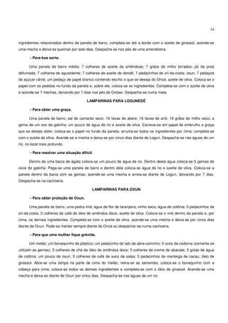 54


ingredientes relacionados dentro da panela de barro, completa-se até a borda com o azeite de girassol, acende-se
uma mecha e deixa-se queimar por sete dias. Despacha-se nos pés de uma amendoeira.

       - Para boa sorte.

      Uma panela de barro média; 7 colheres de azeite de amêndoas; 7 grãos de milho torrados; pó de preá
defumada; 7 colheres de aguardente; 7 colheres de azeite de dendê; 7 pedacinhos de ori-da-costa; osun; 7 pedaços
de açúcar cândi; um pedaço de papel branco contendo escrito o que se deseja do Orixá; azeite de oliva. Coloca-se o
papel com os pedidos no fundo da panela e, sobre ele, coloca-se os ingredientes. Completa-se com o azeite de oliva
e acende-se 7 mechas, deixando por 7 dias nos pés de Oxóssi. Despacha-se numa mata.

                                        LAMPARINAS PARA LOGUNEDÉ

       - Para obter uma graça.

      Uma panela de barro; sal de camarão seco; 16 favas de abere; 16 favas de ariô; 16 grãos de milho seco; a
gema de um ovo de galinha; um pouco de água de rio e azeite de oliva. Escreve-se em papel de embrulho a graça
que se deseja obter; coloca-se o papel no fundo da panela; arruma-se todos os ingredientes por cima; completa-se
com o azeite de oliva. Acende-se a mecha e deixa-se por cinco dias diante de Logun. Despacha-se nas águas de um
rio, no local mais profundo.

       - Para resolver uma situação difícil.

      Dentro de uma bacia de ágata coloca-se um pouco de água de rio. Dentro desta água coloca-se 5 gemas de
ovos de galinha. Pega-se uma panela de barro e dentro dela coloca-se água de rio e azeite de oliva. Coloca-se a
panela dentro da bacia com as gemas; acende-se uma mecha e arreia-se diante de Logun, deixando por 7 dias.
Despacha-se na cachoeira.

                                           LAMPARINAS PARA OXUN

       - Para obter proteção de Oxun.

      Uma panela de barro; uma pedra imã; água de flor de laranjeira; vinho seco; água de colônia; 5 pedacinhos de
ori-da-costa; 5 colheres de café de óleo de amêndoa doce; azeite de oliva. Coloca-se o imã dentro da panela e, por
cima, os demais ingredientes. Completa-se com o azeite de oliva, acende-se uma mecha e deixa-se por cinco dias
diante de Oxun. Pode-se manter sempre diante do Orixá ou despachar-se numa cachoeira.

       - Para que uma mulher fique grávida.

      Um melão; um bonequinho de plástico; um pedacinho de talo de abre-caminho; 5 ovos de codorna (somente se
utilizam as gemas); 5 colheres de chá de óleo de amêndoa doce; 5 colheres de creme de abacate; 5 gotas de água
de colônia; um pouco de osun; 5 colheres de café de suco de salsa; 5 pedacinhos de manteiga de cacau; óleo de
girassol. Abre-se uma tampa na parte de cima do melão; retira-se as sementes; coloca-se o bonequinho com a
cabeça para cima; coloca-se todos os demais ingredientes e completa-se com o óleo de girassol. Acende-se uma
mecha e deixa-se diante de Oxun por cinco dias. Despacha-se nas águas de um rio.
 