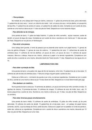 56


       - Para proteção.

       Na metade de uma cabaça bem limpa por dentro, coloca-se: 11 grãos de pimenta-da-costa; peixe defumado;
11 pedacinhos de coco seco; 1 anzol; um ofázinho de metal; 1 obí; um pouco de osun; mel de abelha; um pouquinho
de baunilha; 11 pedacinhos de canela em casca; um pedacinho de sabão da costa. Completa-se com azeite de oliva,
acende-se uma mecha e deixa-se por 11 dias aos pés de Yewá. Despacha-se numa nascente d'água.

       - Para defender-se de inimigos.

       Uma panela de barro; 11 grãos de feijão fradinho; 11 grãos de milho vermelho; açúcar mascavo; azeite de
dendê; um pouco de água de rosas. Completa-se com azeite de oliva e acende-se uma mecha por 11 dias aos pés
de Yewá. Despacha-se nos pés de um flamboayant.

       - Para atrair uma pessoa.

       Uma cabaça bem grande; o nome da pessoa que se pretende atrair escrito num papel branco; 11 gemas de
ovos de galinha d’Angola; 11 gemas de ovos de codorna ; 11 pedacinhos de coco; 11 colherinhas de azeite de
amêndoa doce; 11 colheres de mel de abelhas; um pouco de efun; um pouco de osun; 11 colheres de açúcar
mascavo. Abre-se a cabaça, limpa-se seu interior, coloca-se o papel e os demais ingredientes. Completa-se com
azeite de oliva e acende-se uma mecha, deixando diante de Yewá durante 11 dias. Despacha-se nas águas de um
rio.

                                                LAMPARINAS PARA OBÁ

       - Para obter a proteção de Obá.

       Uma panela de barro; uma pedra imã; água de flor de laranjeira; vinho tinto; 15 pedacinhos de ori-da-costa; 15
colheres de café de óleo de amêndoa doce; 1 folha de comigo-ninguém-pode e azeite de oliva.

       Coloca-se a folha com o imã dentro da panela e por cima, os demais ingredientes. Completa-se com o azeite
de oliva, acende-se uma mecha e deixa-se por 15 dias diante de Obá. Despacha-se no local determinado pelo jogo.

       - Para desfazer um malefício.

       Numa panela de barro coloca-se: 15 sementes de abóbora; um pouco de farinha de milho vermelho torrada; 15
agulhas de costura; 15 pimentas-da-costa; 15 colheres de vinagre; 15 colheres de suco de limão; osun; uáji; 15
búzios pequeninos e azeite de oliva. Acende-se uma mecha e deixa-se, por 15 dias, nos pés de Obá. Despacha-se
no cemitério.

       - Para obter diversas graças simultaneamente.

       Uma panela de barro média; 15 colheres de azeite de amêndoas; 15 grãos de milho torrado; pó de preá
defumada; 15 colheres de azeite de dendê; 15 pedacinhos de ori-da-costa; osun; um pedaço de papel branco
contendo, escrito, o que se deseja do Orixá; azeite de oliva. Coloca-se o papel com os pedidos no fundo da panela e,
sobre ele, coloca-se os ingredientes. Completa-se com o azeite de oliva e acende-se uma mecha, deixando por 15
dias nos pés de Obá. Despacha-se numa mata.
 