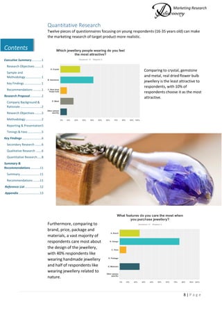 Marketing Research
8 | P a g e
Contents
Executive Summary............1
Research Objectives ........1
Sample and
Methodology...................1
Key Findings ....................1
Recommendations ..........1
Research Proposal..............2
Company Background &
Rationale .........................2
Research Objectives ........2
Methodology...................2
Reporting & Presentation5
Timings & Fees ................5
Key Findings.......................6
Secondary Research ........6
Qualitative Research .......6
Quantitative Research.....8
Summary &
Recommendations...........11
Summary .......................11
Recommendations ........11
Reference List..................12
Appendix .........................13
Quantitative Research
Twelve pieces of questionnaires focusing on young respondents (16-35 years old) can make
the marketing research of target product more realistic.
Comparing to crystal, gemstone
and metal, real dried flower bulb
jewellery is the least attractive to
respondents, with 10% of
respondents choose it as the most
attractive.
Furthermore, comparing to
brand, price, package and
materials, a vast majority of
respondents care most about
the design of the jewellery,
with 40% respondents like
wearing handmade jewellery
and half of respondents like
wearing jewellery related to
nature.
 