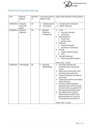 Marketing Research
42 | P a g e
Record of the group meetings
Data Meeting
Agenda
Attendan-
ce
issue discussed and
decision made
Action Taken-By When? And by whom?
24/05/2015 Company
name and
leader
All 1. Company name
2. Team leader
1. Company name: Discovery
2. Leader: Zhihao Ye
01/06/2015 Research
Objective
All 1. Research
Objectives
arrangement
1. Tu Hu
 consumer attitudes
 motivations
2. Qianchang Chen
 brand name
 product name
3. Zhihao Ye
 Product Perception
 attraction in comparison
4. Yue Ma
 Target customers group
 Price
5. Naratip Chaiyasoot
 Channel and Merchandisers
Time:1 June -- 6 June
07/06/2015 methodology All 1. Selecting
Methodology
1. Consumer attitudes and
motivations Focus group and
survey
2. Brand name and product name
Secondary data and Survey
3. Product Perception Focus group
and Survey
4. Target group and Price Secondary
Data and Survey
5. Channel and Merchandisers
Secondary data and Focus group
Everyone come up questions for
focus group and questionnaire
6. According to their research
objectives and send the focus
group questions to Tu Hu, the
survey questions to Zhihao Ye
Time:7 June -- 9 June
 
