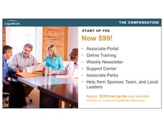 28
START UP FEE
28
Now $99!
• Associate Portal
• Online Training
• Weekly Newsletter
• Support Center
• Associate Perks
• Help from Sponsor, Team, and Local
Leaders
THE COMPENSATION
Regular $249	start	up	fee	also	available	
(includes	12	months	of	LegalShield	 Advantage)
 