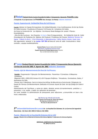 5*DelphiPackard Electric System Ensamble De Cables Y Componentes Operación Fresnillo.5 Años
(Transferido A Las Operaciones De Fresnillo Para Arranque De Planta) Industria Automotriz
Puesto: Supervisorde CalidadDel Área De Full Process
Función:Liderear Un Equipo De Inspectores De Calidad Enfocados A Las Confirmaciones De Set Up (Cortes
De Cable Correctos Y Auditorias Al Producto Y Al Proceso De Cortadoras De Cables
Así Como La Contención De Los Defectos Con Alcancé Desde Bodegas De Laredo Y Plantas
Ensambladoras.
. Otra De Mis Funciones Son Proyectos Six Sigma Para El Aseguramiento De Calidad De Corte De Cable
(Investigación De Problemas De Defectos Del Producto Y Problemas Del Proceso Mediante Técnicas Six
Sigma, Y Matriz Es No Es ) Cim Criminalistic In Manufacturing. 5 Why, Shainin, Kaizen, Smed, Lean,
Dar seguimiento semanal a las juntas TOP TEN del área de corte de cable involucrando a áreas
centrales y equipo multidisciplinario.
GerentePlanta Ramón Núñez 8441014686
Jefe Directo: Ing Martín Guerrero Casas
Puesto: GerenteDeCalidad Operaciones Fresnillo
TEL: 01 493 9 83 93 20 Ext 2620
4* Delphi Packard Electric System EnsambleDe CablesY ComponentesDeccsa Operación
Cerritos De JunioDel 2001 A Agosto Del 2002 Industria Automotriz
Puesto: Jefe De MantenimientoDe Área De Full Process.
Función: Programación Y Ejecución De Mantenimientos Preventivos Y Correctivos A Maquinas
Cortadoras
Megomat 3001, 3300,3250, Komax 411 ,43t Y Equipos Periféricos Trenzadoras, Encintadoras, Dados, Y
Aplicadores De Sello.
Prensas Som Y Modulares. Servicio Interactivo Al Área De Manufactura Controlando Y Dirigiendo Un
Equipo De Técnicos De Mantenimiento Dedicados Al Correcto Ajuste De Cada Set Up.(Código De Cable A
Cortar)
Administración del Tool Room y centro de dados dándole servicio de mantenimiento predictivo y
preventivo a los molde y dados de aplicación de terminales .
Así como también la administración de presupuesto para refacciones y consumibles en base a las
horas embarcadas.
Jefe Directo: Ing. Felix DeLeón Carrillo
Puesto: Gerente DeProceso De Centro DeCostos 1
TEL Empresa: 01 810 81 57 71 71
TEL Casa: 01 (81)83 50 02 97
3*UniversidadAutónomaDe Coahuila En La Facultad De Sistemas En La Carrera De Ingeniería
Electrónica. De Enero Del 2001 A Febrero Del 2002.
Puesto : Maestro De La FacultadDe Sistemas De La UAC
Función : Maestro DeLas Materias DeSistemas Electrónicos Digitales Y Laboratorio DeSistemas Digitales.
Jefe Directo : Subdirectora Ing. Kanagudzico
TEL :(844)4 16 24 52
 