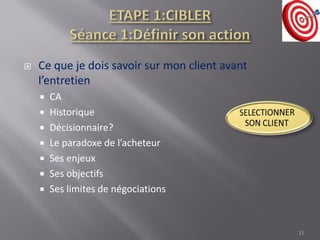  Ce que je dois savoir sur mon client avant
l’entretien
 CA
 Historique
 Décisionnaire?
 Le paradoxe de l’acheteur
 Ses enjeux
 Ses objectifs
 Ses limites de négociations
11
 
