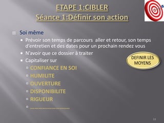  Soi même
 Prévoir son temps de parcours aller et retour, son temps
d’entretien et des dates pour un prochain rendez vous
 N’avoir que ce dossier à traiter
 Capitaliser sur
 CONFIANCE EN SOI
 HUMILITE
 OUVERTURE
 DISPONIBILITE
 RIGUEUR
 ……………………….
13
 