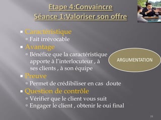  Caractéristique
 Fait irrévocable
 Avantage
 Bénéfice que la caractéristique
apporte à l’interlocuteur , à
ses clients , à son équipe
 Preuve
 Permet de crédibiliser en cas doute
 Question de contrôle
 Vérifier que le client vous suit
 Engager le client , obtenir le oui final
33
 