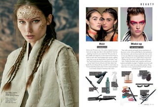 B e a u t y
Hair Make-up
CORNROWS
Move over Princess Leia. Our rocker-inspired cornrow
buns are an edgy new take on the staid braid. Start by
applying mousse to your entire hair. Part your hair in
the middle and make four to ﬁve sections from front to
back on each side. Start braiding each section, adding
more hair as you go, exactly like a French braid. Twist
the French braid around into a spiral bun on one side
of your head. Secure with pins and clear elastic hair
bands. If you’re doing this by yourself, it’s much easier to
French braid the sections from front to back and leave
it as a braid, instead of twisting it into a bun.
THE SUNSET EYE
Start with a primer and apply brown eyeshadow on
the outer corner of the eyelid. Blend a red eyeshadow
into the brown color moving towards the inner corner
of your eye. Blend an orange eyeshadow into the red
again moving across your eyelid. Brush some brown
shadow into the crease and blend well to soften the
lines. Outline the lower outer waterline with brown
eyeliner and lightly smudge it. Highlight your brow and
line your inner water line using white eyeliner. Wing
black liner on your top lid and ﬁnish off with mascara
and false lashes.
MaxMara
CristinaBurani
Ardell Lashes in Giselle, ` 430Ardell Lashes in Giselle,
Coloressence
Satin Eye Shades
Palette in Black
Magic, ` 375
Colorbar Bronze
Touch N Blush
in Paparazzi,
` 499
Ardell Lashes in Giselle,Ardell Lashes in Giselle,Ardell Lashes in Giselle, ` 430` 430`Ardell Lashes in Giselle, ` 430` 430`
Remington Multistyle
Hair Styler, ` 7595
Toni & Guy
Sea Salt
Texturizing
Spray, ` 1050
Toni &
Guy Heat
Protection
Mist, ` 750
Corioliss Professional
Titanium Plates Hair
Crimper, ` 4250
Roman Beauty
Hair Curler,
` 7500
Coloressence Diva
Eye Shadow Palette, ` 950
Maybelline Eye
Studio Lasting
Drama Gel
in Black, ` 499
Model Laura Upeniece at
Anima Creative Management
Art director Shagun Mitra
Stylist Sujala Newar
Photo editor Megha Mehta
Top ` 3090, Topshop.
Jacket (reversed)
` 5190, Dorothy Perkins
026101 JUNE 2016T H E
 