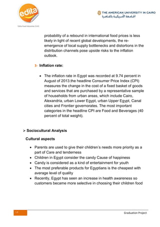12 Graduation Project
probability of a rebound in international food prices is less
likely in light of recent global developments, the re-
emergence of local supply bottlenecks and distortions in the
distribution channels pose upside risks to the inflation
outlook.
3- Inflation rate:
 The inflation rate in Egypt was recorded at 9.74 percent in
August of 2013.the headline Consumer Price Index (CPI)
measures the change in the cost of a fixed basket of goods
and services that are purchased by a representative sample
of households from urban areas, which include Cairo,
Alexandria, urban Lower Egypt, urban Upper Egypt, Canal
cities and Frontier governorates. The most important
categories in the headline CPI are Food and Beverages (40
percent of total weight).
 Sociocultural Analysis
Cultural aspects
 Parents are used to give their children’s needs more priority as a
part of Care and tenderness
 Children in Egypt consider the candy Cause of happiness
 Candy is considered as a kind of entertainment for youth
 The most preferable products for Egyptians is the cheapest with
average level of quality
 Recently, Egypt has seen an increase in health awareness so
customers became more selective in choosing their children food
 