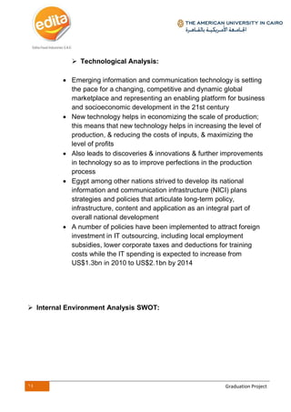 14 Graduation Project
 Technological Analysis:
 Emerging information and communication technology is setting
the pace for a changing, competitive and dynamic global
marketplace and representing an enabling platform for business
and socioeconomic development in the 21st century
 New technology helps in economizing the scale of production;
this means that new technology helps in increasing the level of
production, & reducing the costs of inputs, & maximizing the
level of profits
 Also leads to discoveries & innovations & further improvements
in technology so as to improve perfections in the production
process
 Egypt among other nations strived to develop its national
information and communication infrastructure (NICI) plans
strategies and policies that articulate long-term policy,
infrastructure, content and application as an integral part of
overall national development
 A number of policies have been implemented to attract foreign
investment in IT outsourcing, including local employment
subsidies, lower corporate taxes and deductions for training
costs while the IT spending is expected to increase from
US$1.3bn in 2010 to US$2.1bn by 2014
 Internal Environment Analysis SWOT:
 