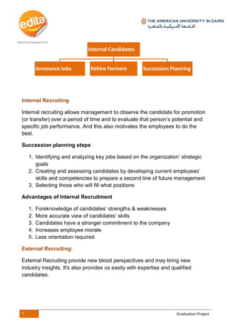 9 Graduation Project
Internal Recruiting
Internal recruiting allows management to observe the candidate for promotion
(or transfer) over a period of time and to evaluate that person’s potential and
specific job performance. And this also motivates the employees to do the
best.
Succession planning steps
1. Identifying and analyzing key jobs based on the organization’ strategic
goals
2. Creating and assessing candidates by developing current employees’
skills and competencies to prepare a second line of future management
3. Selecting those who will fill what positions
Advantages of Internal Recruitment
1. Foreknowledge of candidates’ strengths & weaknesses
2. More accurate view of candidates’ skills
3. Candidates have a stronger commitment to the company
4. Increases employee morale
5. Less orientation required
External Recruiting:
External Recruiting provide new blood perspectives and may bring new
industry insights. It's also provides us easily with expertise and qualified
candidates.
Internal Candidates
Announce Jobs Rehire Formers Succession Planning
 