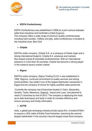 3 Graduation Project
 EDITA Confectionary
EDITA Confectionary was established in 2008 as a joint venture between
edita food industries and Confindel Limited (Cyprus).
The company offers a wide range of premium quality confectionaries
including hard candies, Toffees and jelly. edita confectionary is located at
the industrial zone, Beni Suif.
 Chipita
EDITA's sister company, Chipita S.A. is a company of Greek origin and a
strong international footprint. Chipita S.A. produces and markets
flour based snacks & chocolate confectioneries. With an international
presence in more than 35 countries, Chipita has become a strong player
in the sweet & savory snacks market.
 Digma
EDITA's sister company, Digma Trading S.A.E.’s was established in
1992. Digma’s, continual commitment to quality services and strong
brand portfolio, has made it one of the largest distribution companies in
Egypt and the company of choice for highly qualified sales personnel.
Currently the company has 8 branches located in Cairo, Alexandria,
Ismailia, Tanta, Mansoura, Zagazig,, Assuit and Luxor, and planned to
reach 21 branches by end of 2013. The company is deploying the most
up to date techniques and tools in order to increase efficiency and
ensure accuracy and timely information.
 ACTIS
Actis, a global pan-emerging markets private equity firm, invested $102m
to acquire a 30% stake of Edita Food Industries, becoming the second
largest stakeholder in the country’s second largest snack food company.
 