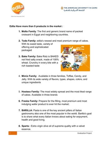 4 Graduation Project
Edita Have more than 8 products in the market :
1. Molto Family: The first and generic brand name of packed
croissant in Egypt and neighboring countries.
2. Todo Family: edita's newest and most premium range of cakes.
With its sweet taste, variety of
offering and sophisticated
packaged
3. Bake Family: Bake Rolz is BAKED
not fried salty snack, made of 100%
wheat. Crunchy in every bite with a
rich toasted taste
4. Mimix Family: Available in three families, Toffee, Candy, and
Jelly. With its wide variety of flavors, types, shapes, colors, and
unique ingredients
5. Hostess Family: The most widely spread and the most liked range
of cakes. Available in three brands
6. Freska Family: Prepare for the filling, most premium and most
indulging wafer product to ever hit the market;
7. BARILLA: Pasta is one of the key ancient pillars of Italian
gastronomy also one of the most popular in the world. Barilla’s goal
is to share what every Italian knows about eating for enjoyment,
health and good living.
8. Sparta : Extra virgin olive oil of supreme quality with a velvet
essence.
 