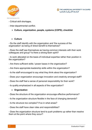 23 Graduation Project
- Critical skill shortages.
- Inter-departmental conflict.
 Culture, organization, people, systems (COPS), checklist
 Culture
- Do the staff identify with the organization and 'the success of the
organization' as being of direct benefit to themselves?
- Does the staff see themselves as having common interests with their work
colleagues and group? Is there a strong team spirit?
- Is work allocated on the basis of individual expertise rather than position in
the organization?
- Are there sufficient skills / power bases in the organization?
- Are there appropriate leadership skills within the organization?
- Is the staff encouraged to say what they think about the organization?
- Does your organization encourage innovation and creativity amongst staff?
- Does the staff feel a sense of personal responsibility for their work?
- Is quality emphasized in all aspects of the organization?
 Organization
- Does the structure of the organization encourage effective performance?
- Is the organization structure flexible in the face of changing demands?
- Is the structure too complex? If so in what areas?
- Does the staff have clear roles and responsibilities?
- Does the organization structure tend to push problems up rather than resolve
them at the point where they occur?
 