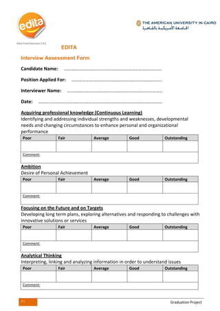31 Graduation Project
EDITA
Interview Assessment Form
Candidate Name: ……………………………………………………………………….
Position Applied For: ………………………………………………………………….
Interviewer Name: ……………………………………………………………………..
Date: …………………………………………………………………………………………..
Acquiring professional knowledge (Continuous Learning)
Identifying and addressing individual strengths and weaknesses, developmental
needs and changing circumstances to enhance personal and organizational
performance
Poor Fair Average Good Outstanding
Comment:
Ambition
Desire of Personal Achievement
Poor Fair Average Good Outstanding
Comment:
Focusing on the Future and on Targets
Developing long term plans, exploring alternatives and responding to challenges with
innovative solutions or services
Poor Fair Average Good Outstanding
Comment:
Analytical Thinking
Interpreting, linking and analyzing information in order to understand issues
Poor Fair Average Good Outstanding
Comment:
 