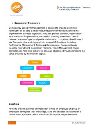 7 Graduation Project
 Competency Framework
Competency Based HR Management is adopted to provide a common
framework for all edita’s employees, through which they can achieve the
organization’s strategic objectives, they also provide common, organization-
wide standards for promotions, succession planning based on a “best fit”
between employee’s personal profile and required competency level for each
job. Competencies are integrated into various HR functions; including
Performance Management, Training & Development, Compensation &
Benefits, Recruitment, Succession Planning, Talent Management. These
competencies help edita achieve its strategic objectives through increasing the
value provided by their human capital.
Coaching
Ability to provide guidance and feedback to help an employee or group of
employees strengthen their knowledge, skills and attitudes to accomplish a
task or solve a problem, which in turn should improve job performance.
 
