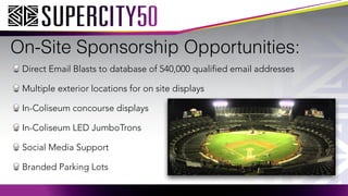On-Site Sponsorship Opportunities:
Direct Email Blasts to database of 540,000 qualified email addresses
Multiple exterior locations for on site displays
In-Coliseum concourse displays
In-Coliseum LED JumboTrons
Social Media Support
Branded Parking Lots
 