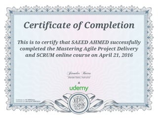 Certificate - Mastering Agile project delivery and Scrum
