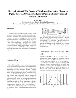 Determination of The Degree of Non Linearities In the Charge to
Digital V265 ADC Using The Known Photomultiplier Tube and
Possible Calibration
Atanu Nath
Project Supervisor: Prof. Gobinda Majumder
Department of High Energy Physics, Tata Institute of Fundamental Research.
Abstract
In a typical high energetic particle detection exper-
iment, the generated signal has to be passed through a
number of electronics circuits before getting stored in
a memory for analysis. During those processes signal
can get modiﬁed due to circuit non-linearities and/or
various noises can get added to the signal resulting in
a great loss of information. This project deals with the
test of response of the PMT plus V265 ADC (Charge
to Digital Converter) for signals at various applied high
voltages applied to the PMT. Search for possible non-
linearities have been done and possible calibration is
suggested.
Introduction
Most of the particle detection and determination of
various relevant physical quantities of interest are based
on the measurement of current and/or voltage signal
produced by the Photo Multiplier Tubes as a result of
incident photons created by the high energetic parti-
cles in the scintillator which is fed to the electronics
modules and will be ﬁnally digitized to store for anal-
ysis. Usually several steps are there in this process
and maintaining the original form of the signal is ex-
tremely important so that the actual physical quantities
of the particles can be reproduced. In these steps var-
ious noise and also the circuit non-linearity can enter
leading to the distortion of the signal . A step by step
test is necessary before one runs a real experiment.
The calibration for the type of the experiment that
we were doing can be schematically represented as fol-
lows:
Distortion can enter in the PMT and/or in the
later electronics (various circuits inside the ADC) and
also from coaxial cable connections if proper impedance
matching (50 Ω) is not done . We have studied the
Most Probable Value of the ADC distribution as a
function of the High Voltage applied to the PMT and
checked for possible non-linearity and attempted a
remedy for that.
Instruments Used and Their De-
tails
Scintillator Paddles: We have used 4 scintillator
paddles from Bicron (BC408) of dimension 20x15x1
cm3
, the material is Polyvinyltoluene doped with
PBD. It has Light Output 64 (% of Anthracene ),
has a refractive index 1.58 and pulse width (FWHM)
2.5 ns. It emits maximum photon at 425nm. The
scintillator is connected to the PMT via a light guide
(Perspex) which helps to match the geometry so
that the light loss is lowest. Emission spectra of the
scintillator is shown in the ﬁgure below:
 