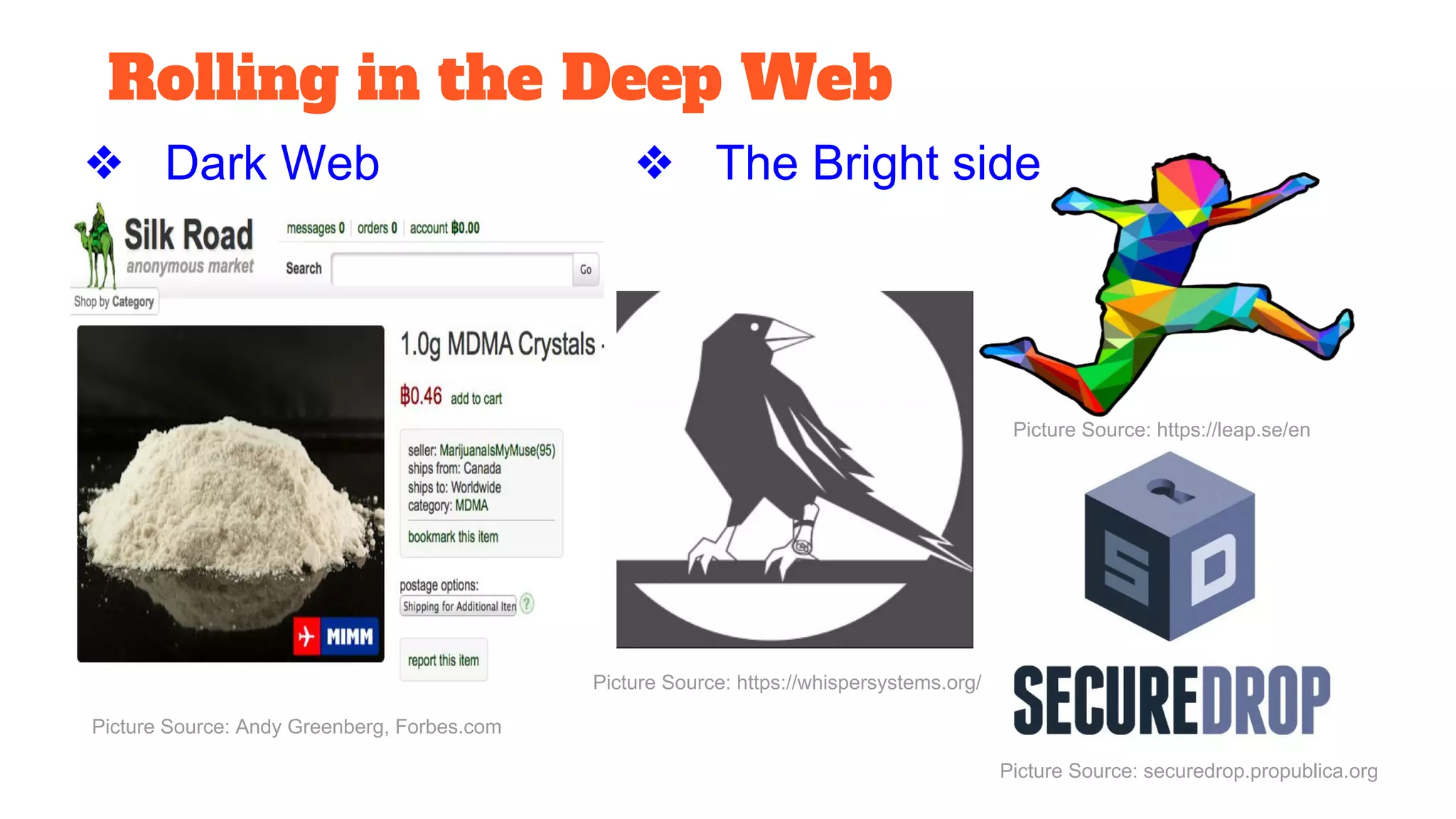Picture Source: Andy Greenberg, Forbes.com
Picture Source: https://whispersystems.org/
Picture Source: https://leap.se/en
Rolling in the Deep Web
Picture Source: securedrop.propublica.org
❖ Dark Web ❖ The Bright side
 