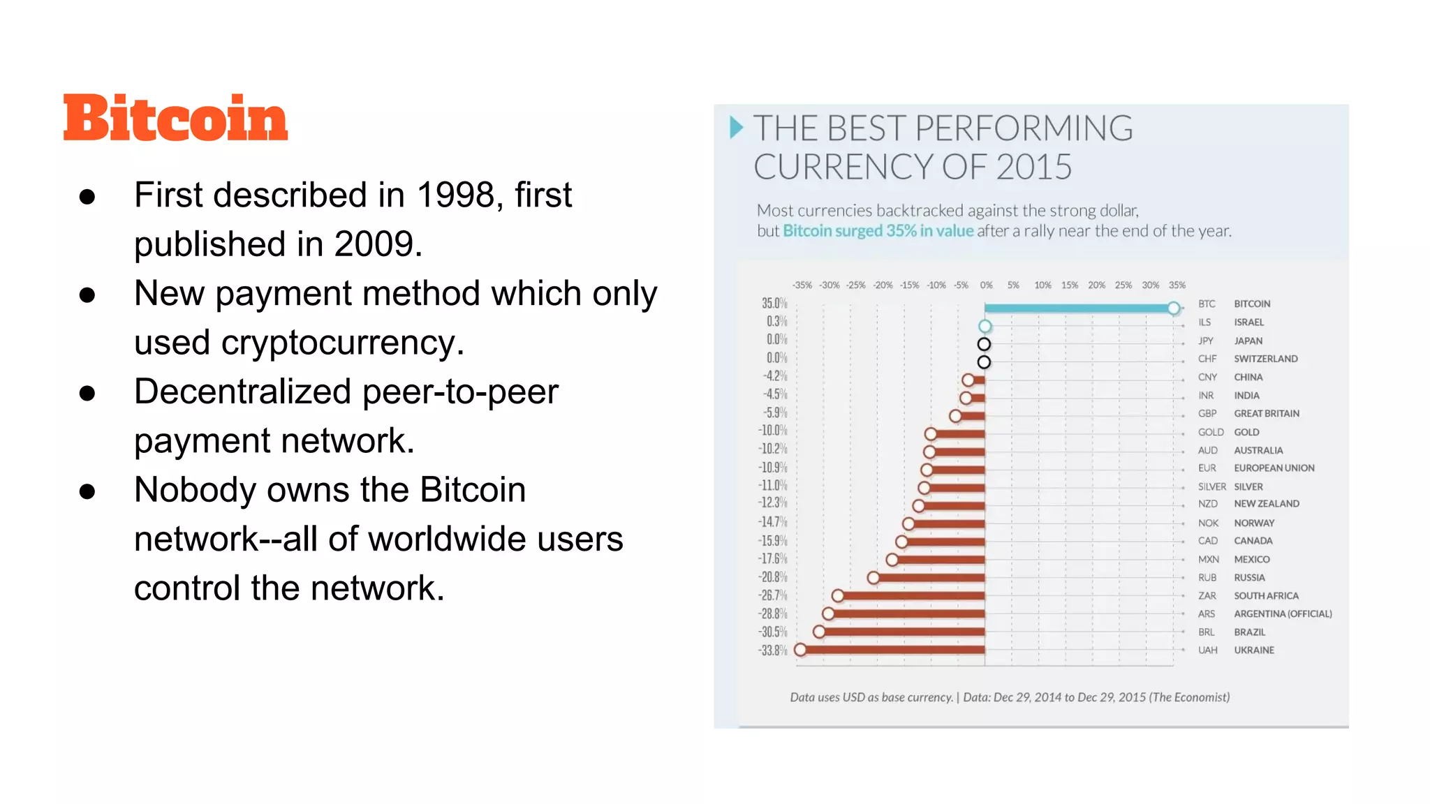 Bitcoin
● First described in 1998, first
published in 2009.
● New payment method which only
used cryptocurrency.
● Decentralized peer-to-peer
payment network.
● Nobody owns the Bitcoin
network--all of worldwide users
control the network.
 