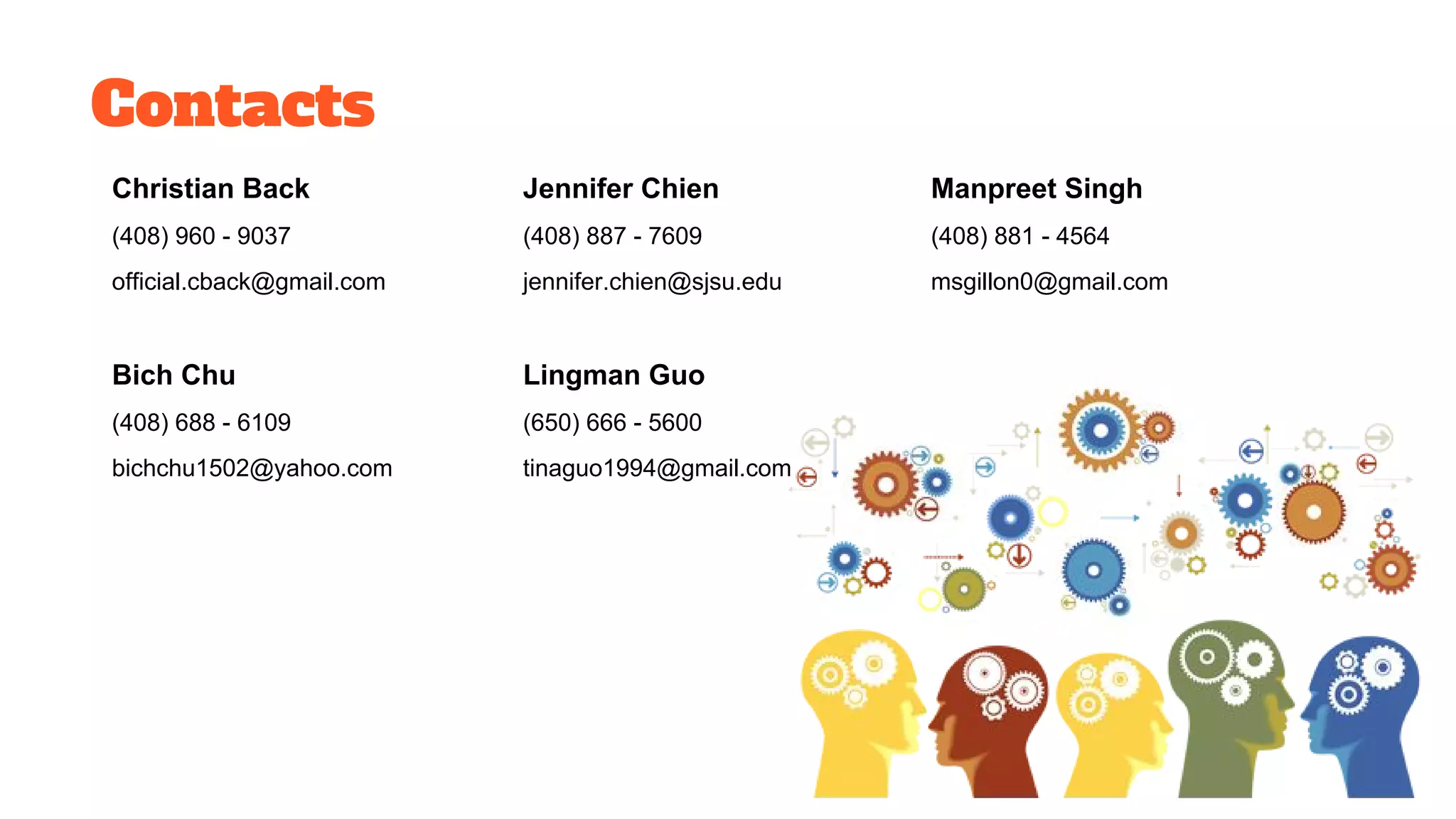 Contacts
Christian Back
(408) 960 - 9037
official.cback@gmail.com
Bich Chu
(408) 688 - 6109
bichchu1502@yahoo.com
Jennifer Chien
(408) 887 - 7609
jennifer.chien@sjsu.edu
Lingman Guo
(650) 666 - 5600
tinaguo1994@gmail.com
Manpreet Singh
(408) 881 - 4564
msgillon0@gmail.com
 