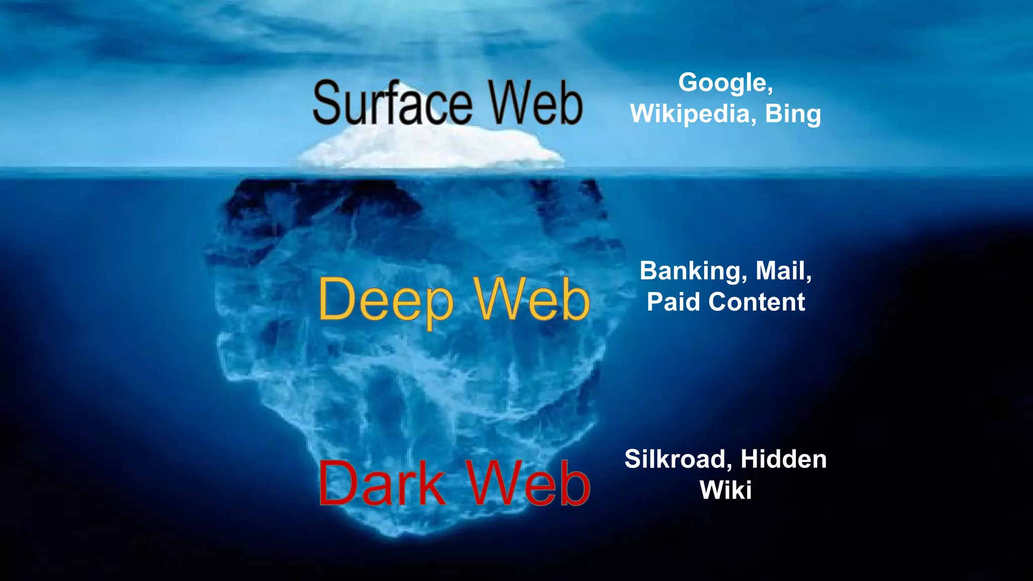 Google,
Wikipedia, Bing
Banking, Mail,
Paid Content
Silkroad, Hidden
Wiki
 