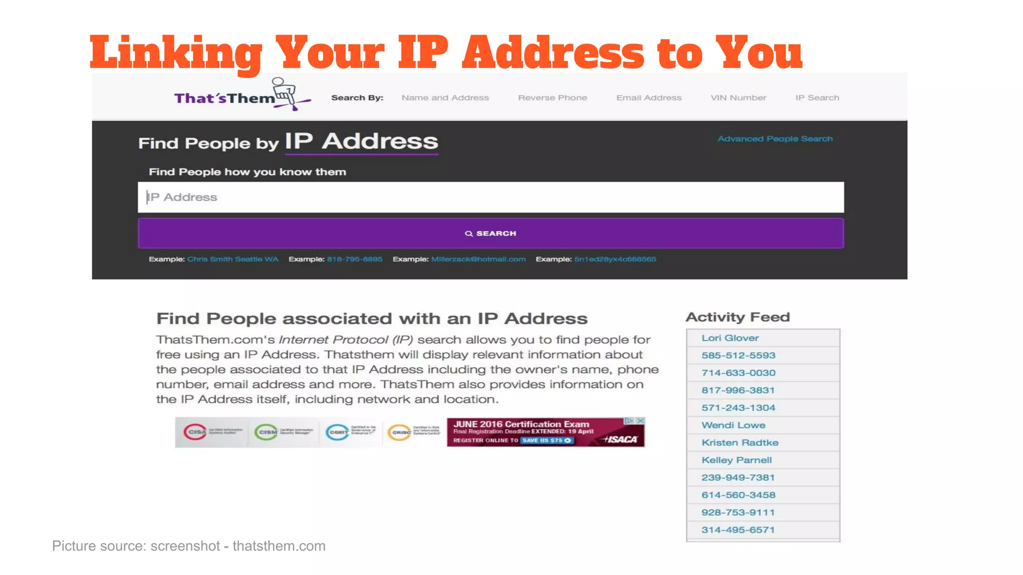 Linking Your IP Address to You
Picture source: screenshot - thatsthem.com
 