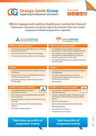 Which engagement option should your contractor choose?
Helping your contractors to make the right choice between their own Limited
company or Umbrella employment is important
What is a Limited Company?
• A Limited company is often referred to as a Personal
Service Company (PSC).
• The contractor owns the shares of the company.
• The contractor becomes a director of the company.
Ideal for:
• Contractors who wish to build a long term career in
contracting.
•
of being a company director.
• Contractors working on higher rates (more than
£120 per day).
•
up to 84% of turnover.
• Same day formation with optional same day bank
account opening.
• Dedicated expert accountant, with free face to face
meetings.
• Access to online award winning bookkeeping
software.
• IR35 experts and tax advisors .
What is an Umbrella Company?
• An Umbrella company employs contractors,
providing them with statutory employment rights.
• An Umbrella company employs contractors for
their assignment work leaving them to focus on
delivering a great service to the client.
• An Umbrella company pays its employees through
the PAYE system.
Ideal for:
• Contractors who want the comfort and continuity
of employment.
• First time contractors who may not stay in
contracting for long(less than one year), or are
between permanent jobs.
• All contractors.
• One tax code - consolidated earnings for
all assignment work.
• Statutory employment rights (including sick pay,
maternity pay, national minimum wage, holiday
pay, etc).
• Pension auto-enrolment.
• Quick and easy joining (less than ten minutes).
• Minimal paperwork.
• Personal account manager.
• Consistent and accurate pay.
We are social
G87(1.1-04/16)
Take home 80% of
assignment income
Take home up to 84% of
assignment income
 