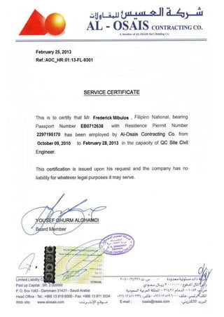 Work Certificate (Al Osais-KSA)