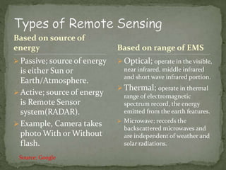 Based on source of
energy
 Passive; source of energy
is either Sun or
Earth/Atmosphere.
 Active; source of energy
is Remote Sensor
system(RADAR).
 Example, Camera takes
photo With or Without
flash.
 Optical; operate in the visible,
near infrared, middle infrared
and short wave infrared portion.
 Thermal; operate in thermal
range of electromagnetic
spectrum record, the energy
emitted from the earth features.
 Microwave; records the
backscattered microwaves and
are independent of weather and
solar radiations.
Based on range of EMS
Source; Google
 