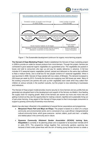 22
Figure 1: The Sustainable development continuum for organic micro-farming projects
The Harvest of Hope Marketing Project: Abalimi established the Harvest of Hope marketing project
in 2008 to provide an outlet for excess produce from micro-farmers. Through the project, farmers are
contracted to grow seasonal organic vegetables at a guaranteed price. The vegetables are packed in
boxes and sold to consumers who sign up and pay for weekly deliveries in advance. A full box
includes 9-12 seasonal organic vegetables (picked, packed and delivered on the same day) sufficient
to feed a medium family, and a small box for two people contains 6-7 seasonal vegetables. When it
was launched in 2008, Harvest of Hope started with box orders of 80/week. The demand increased to
250 boxes per week by 2010. Currently the farmers are supplying over 500 boxes per week. Many of
the existing consumers are parents who pick up their vegetables each week when they collect their
children at various schools in the southern suburbs, but the project is now extending to businesses
and institutions.
The Harvest of Hope project model provides income security to micro-farmers and any profits that are
generated are ploughed back to the development and support of the farmers via Abalimi, thus feeding
the supply chain for ongoing growth. Most of the farmers are women but more and more men are
getting involved as they see the opportunities for making a decent, dignified and sustainable living out
of peri-urban farming. A key aspect of the Harvest of Hope project is that it encourages consumers to
support a growing community of township micro-farmers.
Abalimi has also been influential in the established of several farmer associations and programmes.
 Manyanani Peace Park and Moya we Khaya: The project is based on a vision of a unique
community and environmental centre and is conceived of as a pan-African intergenerational
cultural community home, which gives everyone - women, elders, youth and men – a healthy
and related place in the community and in nature.
 Siyazama Community Allotment Garden Association (SCAGA) training farm,
Khayelitsha is currently in its planning phase and is expected to be launched mid-late 2014
or early 2015. The programme brings together five community gardens spanning two
hectares of land under power-lines with the aim of hosting young trainee farmers to create a
 