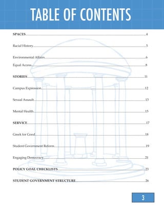 3
TABLE OF CONTENTS
SPACES......................................................................................................................................................4
Racial History.............................................................................................................................................5
Environmental Affairs..............................................................................................................................6
Equal Access..............................................................................................................................................8
STORIES..................................................................................................................................................11
Campus Expression.................................................................................................................................12
Sexual Assault...........................................................................................................................................13
Mental Health...........................................................................................................................................15
SERVICE....................................................................................................................................................17
Greek for Good.........................................................................................................................................18
Student Government Reform..................................................................................................................19
Engaging Democracy...............................................................................................................................21
POLICY GOAL CHECKLISTS.............................................................................................................23
STUDENT GOVERNMENT STRUCTURE.......................................................................................26
 