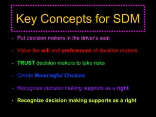 Key Concepts for SDM
• Put decision makers in the driver’s seat
• Value the will and preferences of decision makers
• TRUST decision makers to take risks
• Create Meaningful Choices
• Recognize decision making supports as a right
• Recognize decision making supports as a right
 