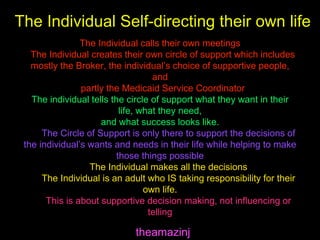 The Individual Self-directing their own life
theamazinj
The Individual calls their own meetings
The Individual creates their own circle of support which includes
mostly the Broker, the individual’s choice of supportive people,
and
partly the Medicaid Service Coordinator
The individual tells the circle of support what they want in their
life, what they need,
and what success looks like.
The Circle of Support is only there to support the decisions of
the individual’s wants and needs in their life while helping to make
those things possible
The Individual makes all the decisions
The Individual is an adult who IS taking responsibility for their
own life.
This is about supportive decision making, not influencing or
telling
 