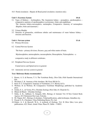 24
10.3 Portal circulation – Hepatic & Renal portal circulation. (mention only).
Unit 5 : Excretory System 10 ch
5.1 Types of Kidneys – Archinephros, The Anamniote kidney – pronephros, opisthonephros –
comparative anatomy of opisthonephros (cyclostomes, fishes and amphibians.
The Amniote kidney-mesonephros, metanephos, Comparative Anatomy of metanephros
(Reptiles, birds and mammals.)
5.2 Urinary Bladder
5.3 Structure of glomerulus, uriniferous tubules and maintenance of water balance kidney –
structure and function.
Unit 6 : Nervous system 11 ch
6.1 Primary Divisions
6.2 Central Nervous System
The brain – primary divisions, flexures, gray and white matter of brain.
Myelencephalon, metencephalon, mesencephalon, Diencephalon, Telencephalon – a
comparative study in different vertebrates.
6.3 Peripheral Nervous System
Cranial nerves and Spinal nerves in general.
6.4 Autonomic nervous system in general.
Text / Reference Books recommended :
1. Romer, A. S. & Parsons, T. S. The Vertebrate Body, (New Edn.) Holt Saunder International
Eds.
2. Weichert, C. K. Anatomy of the chordates. Mc Graw Hill & Co.
3. Kent, G. C. Comparative Anatomy of Vertebrates, C.V. Mosley & Co.
4. Webster, D. & Webster, M. Comparative Vertebrate Morphology published by Aeademic
press.
5. Jordan, E. L., & Verma, P.S., Chordate Zoology (New Edn.) S. Chand & Co.
6. Dhami & Dhami – Chordate Zoology.
7. Sinha, A. K., Adhikari, S., Ganguly, B.B., Biology of Animals Vol. II New Central Book
Agency, 8/1 Chintamoni Das Lane, Calcutta.
8. Dr. Nigam, H.C., Biology of chordates, Vishal publications, adda hoshiarpur, Jalandhar city.
9. Prasad, S. N., Chordates, Vikas Publishing House, Pvt. Ltd.
10. Parker, A. J. & Haswell, W.A., A textbook of Zoology, Vol. II (New Edn.) Low price
publications, 425, Nimri, Ashok Vihar, Phase IV, Delhi – 110052.
 