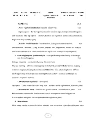 27
CODE CLASS SEMESTER TITLE CONTACT HOURS MARKS
ZP :11 T.Y. B. Sc. V Applied Genetics &
Evolution
60 i. e. 4/week 100
GENETICS 36 ch
1. Gene regulation in Prokaryotes and Eukaryotes 6 ch
In prokaryotes – the ‘lac’ operon; structure, function, regulation (positive and negative)
and mutations. The ‘trp’ operon – structure, function and regulation (repression & attenuation).
Regulation of lysis and lysogeny.
2. Genetic recombinations – transformation, conjugation and transduction. 8 ch
Transformation – Griffiths, Avery, Macleod, and McCartys, experiments.Natural and artificial
transformation in bacteria.Transformation in eukaryotic cells, transposition (transposons)
3. Gene mapping and genome analysis – concept of linkage and crossing over linkage
and physical mapping. 8 ch
Linkage mapping – construction by using 2-3 points tests
Physical mapping - Chromosome mapping, insitu hybridization (FISH). Restriction mapping –
restriction fragment, length polymorphisum (RFLP) Pulse field gel electrophoresis (PFGE)
DNA sequencing, ultimate physical mapping (Maxam Gilbert’s chemical and Sanger and
Coulson’s enzymatic method).
4. Developmental genetics - Drosophila 4 ch
Drosophila – Genes that establish the body plan – maternal effect, segmentation, homeotic genes
5. Genetics of Cancer – Familial and sporadic cancer, classes of cancer genes. 5 ch
Knudson’s two-hit model for retinoblastoma, cancer development is multistep process.
Prtooncogenes, oncogenes, antioncogens (Tumor suppression genes).
6. Biostatistics - 5 ch
Mean, mode, median, standard deviation, standard error, correlation, regression, chi-square, tests-
 